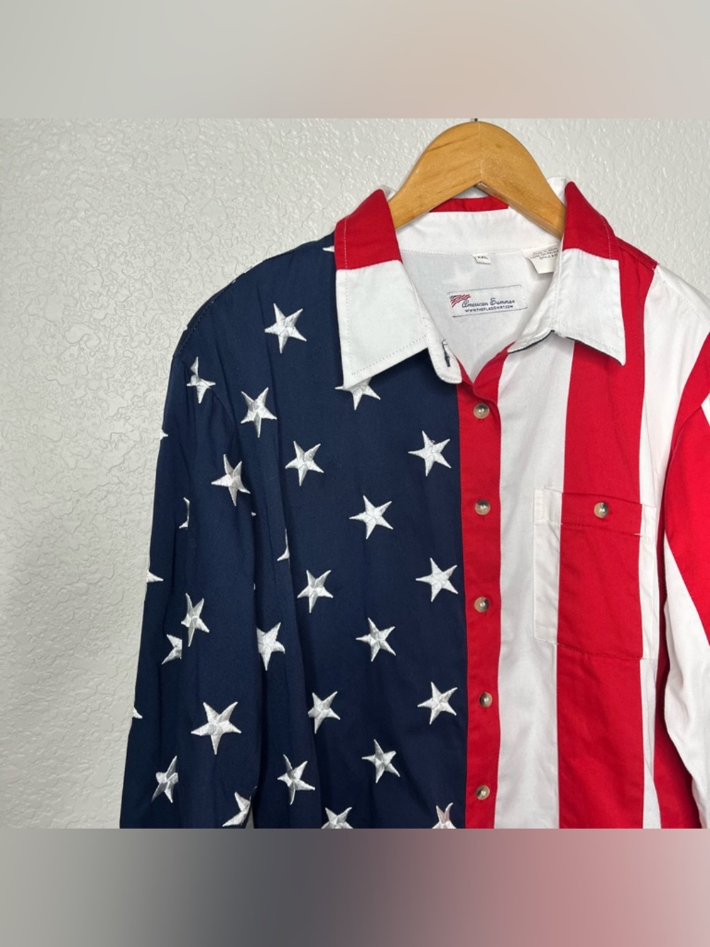 American Summer USA Flag Button Shirt XXL Patriotic Stars Stripes Red White Blue - Picture 6 of 8